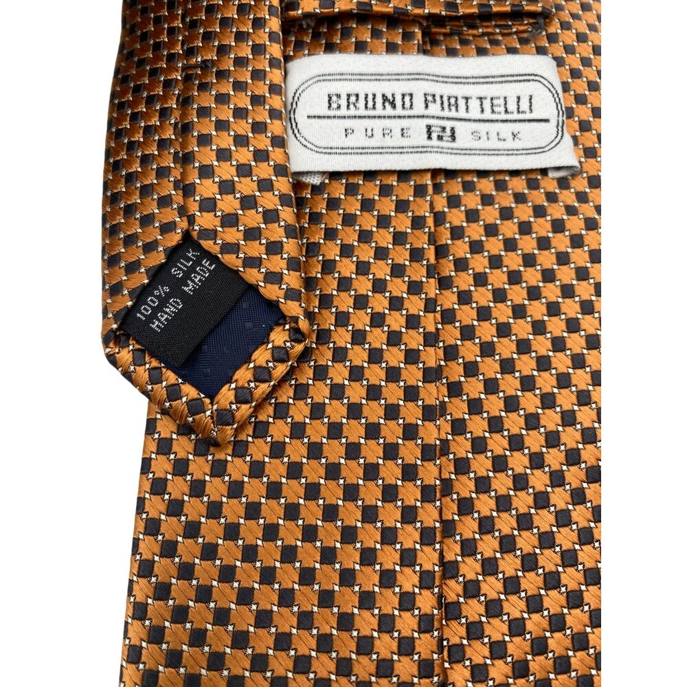 Bruno Patelli Black Orange Checked Italy Silk Tie Neck Luxury Vintage Mens - Picture 3 of 6